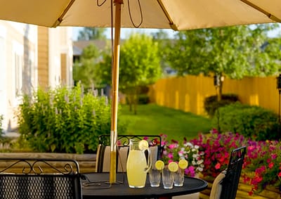 Outdoor dining area with drinks and garden view
