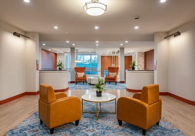 Interior communal area with seating and plants