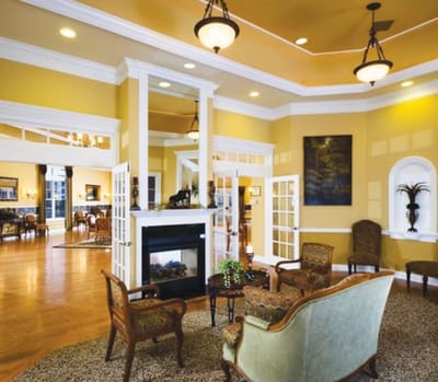 Lounge area with comfortable seating and fireplace