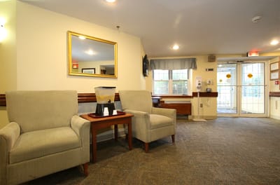 Interior view of a waiting area with seating