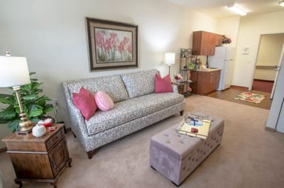 Cozy interior of a resident room with floral decor