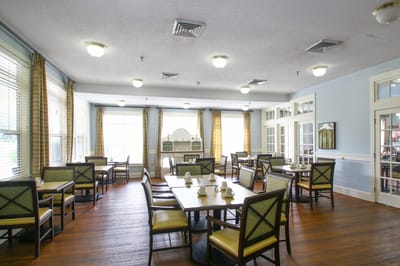 Dining room with tables and chairs arranged for meals