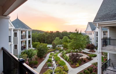 Beautiful garden area with pathways and sunset view