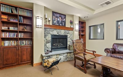 Cozy common area with a fireplace and bookshelves