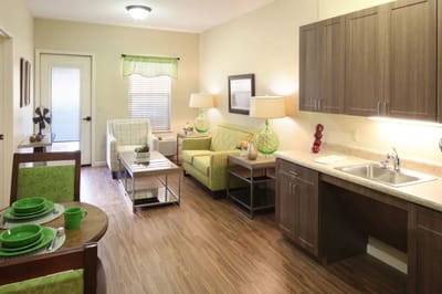 Cozy living room area in senior facility unit