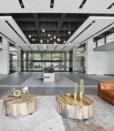 Modern lobby area with stylish decor and furniture