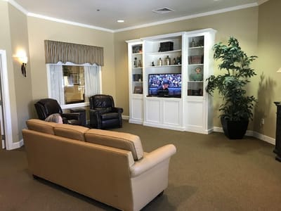 Cozy interior common area with seating and television