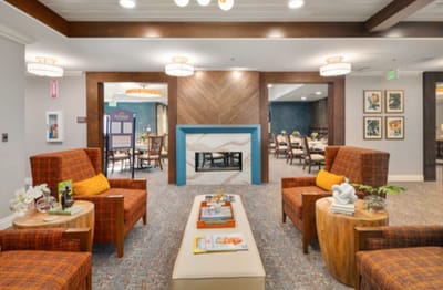 Cozy common area with seating and fireplace