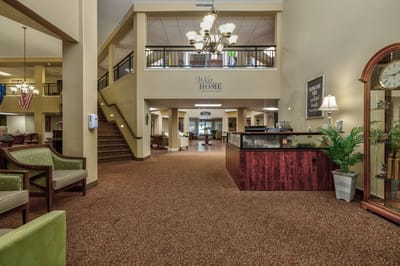 Bright lobby area with seating and decor