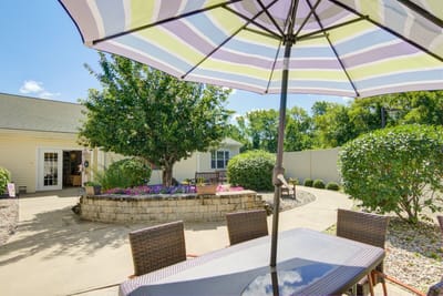 Outdoor patio with seating and garden