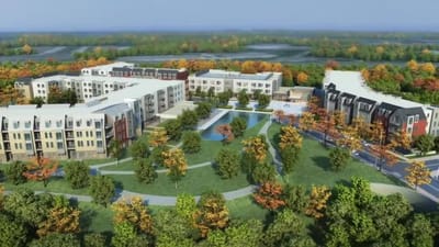 Aerial view of the facility grounds with landscaped areas