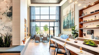 Bright and modern common area with seating and decor