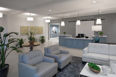 Bright interior of a common area with seating and decor