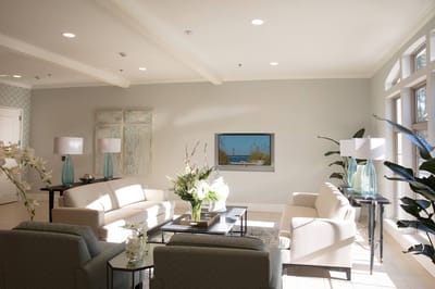Bright common area with comfortable seating and decor