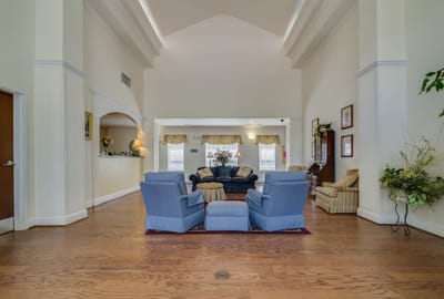Bright interior view of a common area with seating