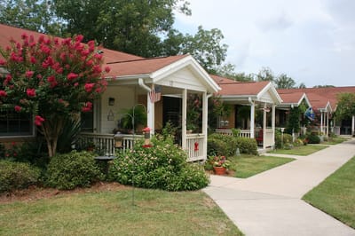 Charming exterior view of residential cottages with flowers