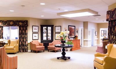Bright interior common area with seating and decor