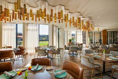 Stylish dining area with modern decor and seating