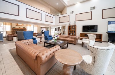 Interior view of a common area with seating