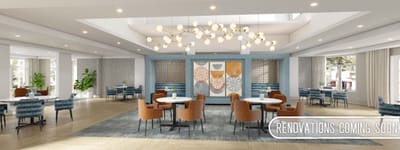 Bright dining area with tables and decorative lighting