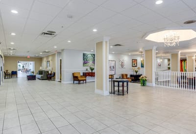 Bright interior view of a common area with seating