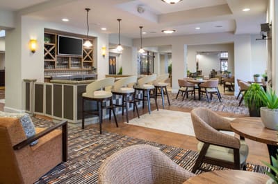Interior view of a common area with seating and bar