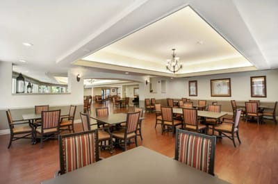 Bright dining area with tables and chairs