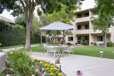 Outdoor seating area with flowers and building in background