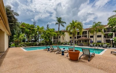 Outdoor pool area surrounded by palm trees and seating