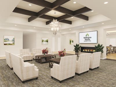 Interior lounge area with seating and decorative elements
