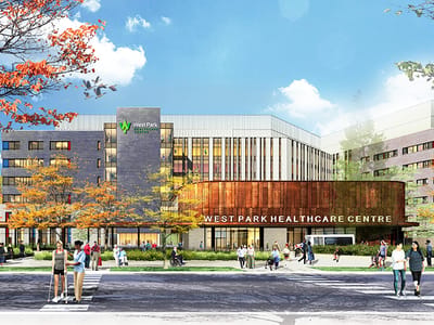Exterior view of West Park Healthcare Center with people outside