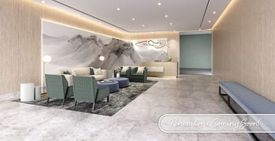 Modern lobby area with seating and decor