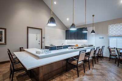 Bright dining area with modern decor and seating