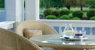 Outdoor patio area with a table and refreshments