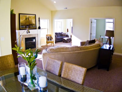 Interior living space with cozy furniture and fireplace