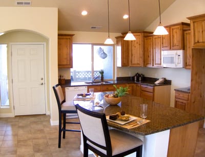 Bright and spacious kitchen with wooden cabinets
