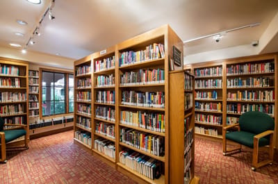 Interior view of a library with bookshelves