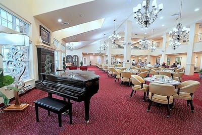 Interior dining area with piano and residents