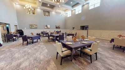 Bright dining room with elegant table settings