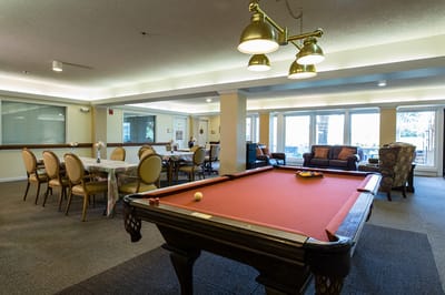 Interior view of a recreational area with a pool table