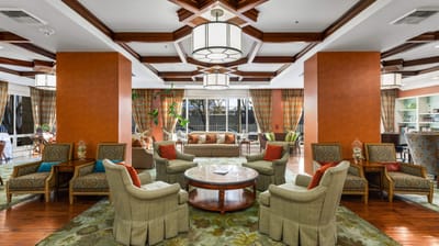 Bright and inviting common area with seating
