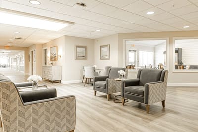 Bright common area with seating and decor