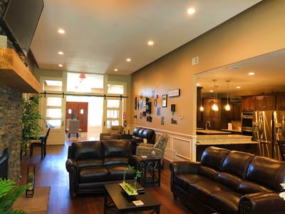 Cozy common area with seating and fireplace