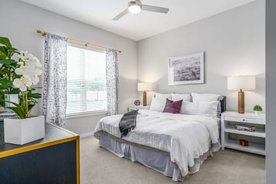 Brightly decorated bedroom in an apartment