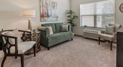 Cozy interior living area with green couch and natural light