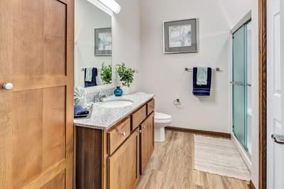 Modern bathroom with wooden vanity and shower