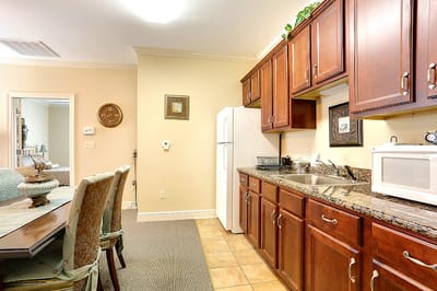 Interior view of a kitchen and dining area