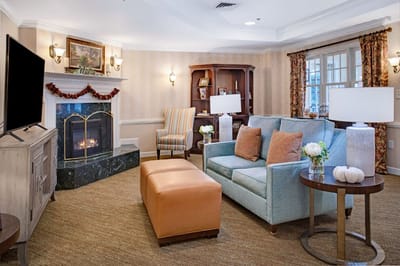 Cozy lounge area with seating and a fireplace