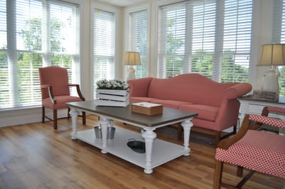 Bright lounge area with comfortable seating and natural light