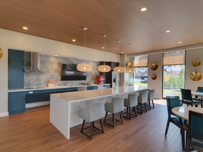 Modern communal kitchen in a bright interior space